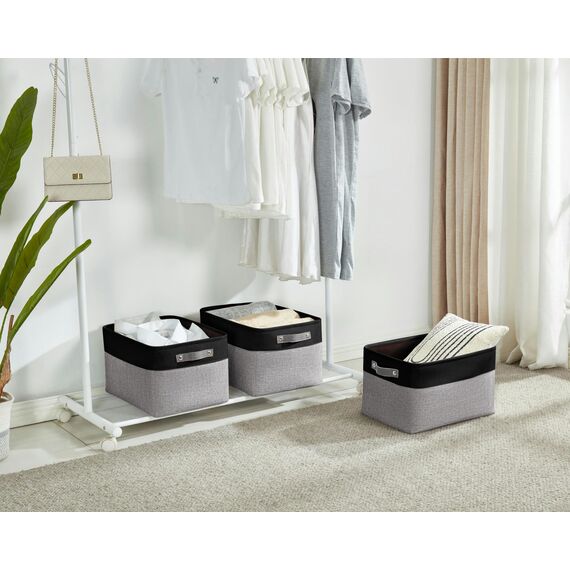 DECOMOMO Faltbarer Aufbewahrungskorb | Faltbarer stabiler Stoffkorb mit Griffen für die Organisation von Regal, Kinderzimmer, Spielzeugschrank (grau und schwarz, extra groß – 15,8 x 12,5 x 10–3 Stück)