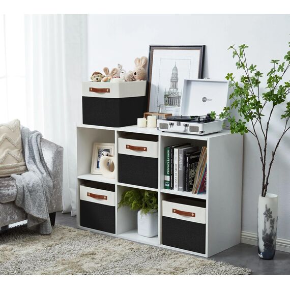 DECOMOMO Faltbarer Aufbewahrungskorb Stabiler kationischer Stoff-Aufbewahrungskorb mit Griffen für die Organisation von Regalen, Kinderzimmer (Schwarz and Weiß, 30.5cm – 4 Stück)