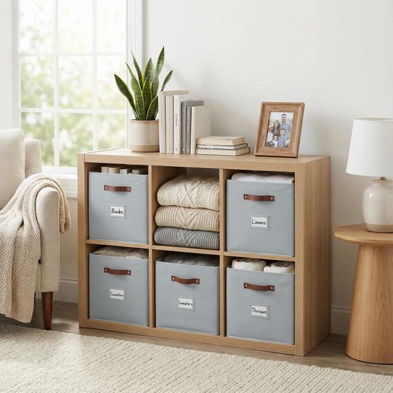 DECOMOMO Aufbewahrungswürfel, 33 x 33 x 33 cm, Aufbewahrungswürfel mit Etiketten, Stoff-Organizer-Behälter (33 cm, 6 Stück, grau)