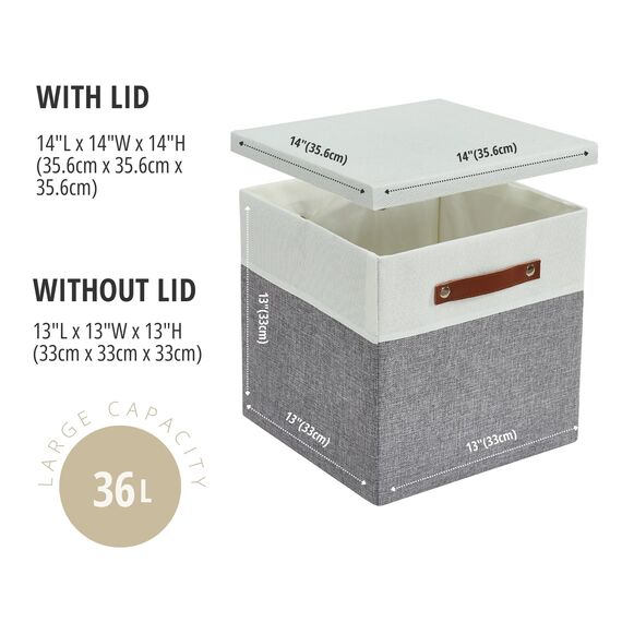 DECOMOMO Aufbewahrungsboxen mit Deckel, Aufbewahrungswürfel, 33 x 33 x 33 cm, Stoff-Organizer, Aufbewahrung für Kleiderschrank, Spielzeug, Regale, Büro, Zuhause und Kinderzimmer (Grau und Weiß