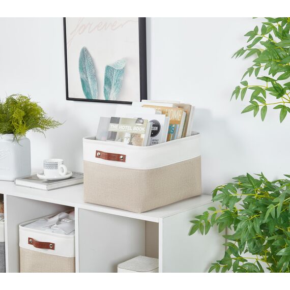 DECOMOMO Faltbarer Aufbewahrungskorb | Faltbarer stabiler Stoffkorb mit Griffen für die Organisation von Regal, Kinderzimmer, Spielzeugschrank (beige und weiß, extra groß – 15,8 x 12,5 x 10–3 Stück)