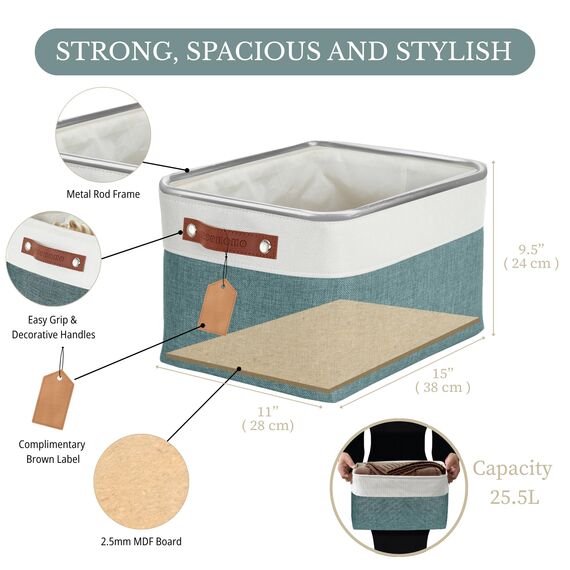 DECOMOMO Faltbarer Aufbewahrungskorb | Faltbarer stabiler Stoffkorb mit Griffen für die Organisation von Regal, Kinderzimmer, Spielzeugschrank (grün und weiß, groß – 4 Stück)