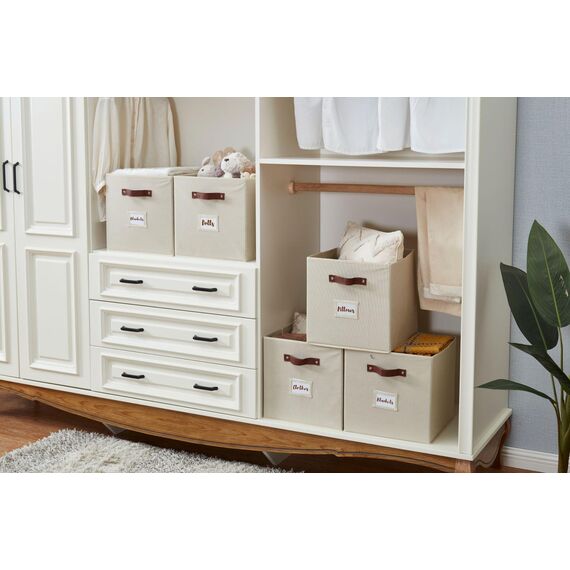 DECOMOMO Aufbewahrungskörbe, würfelförmiger Aufbewahrungsbehälter mit Etiketten, Stoff-Aufbewahrungswürfel für Regale (26,7 x 27,9 cm/6 Stück, Beige)