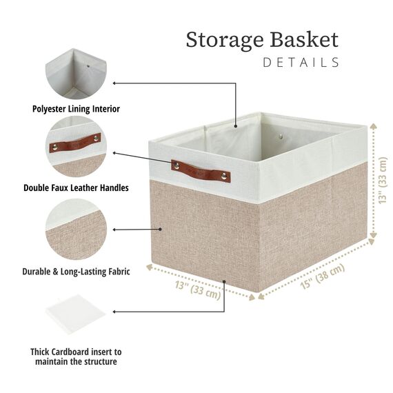 DECOMOMO Cubby Aufbewahrungskörbe | 33 x 38,1 x 33 cm Stoff-Aufbewahrungswürfel für Kallax-Regale, Stoff, Kinderzimmer, dekorativ mit Griffen (beige und weiß, 33 x 38,1 x 33 cm, 3P)