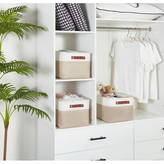 DECOMOMO Faltbarer Aufbewahrungskorb | Faltbarer stabiler Stoffkorb mit Griffen für die Organisation von Regal, Kinderzimmer, Spielzeugschrank (beige und weiß, extra groß – 15,8 x 12,5 x 10–3 Stück)