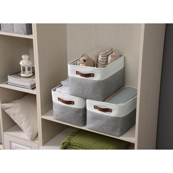 DECOMOMO Faltbarer Aufbewahrungskorb | stabiler Stoffkorb mit Griffen für die Organisation von Regal, Kinderzimmer, Spielzeugschrank (grau und weiß, extra groß, 40,1 x 31,8 25,4 cm – 4 Stück