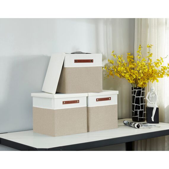 DECOMOMO Cube storage baskets | Cloth Storage Cubes with Lids Closet Organizer Cubby Boxes for Shelves Fabric Nursery Decorative Basket with Handles (Beige and White, 11" x 11" x 11")