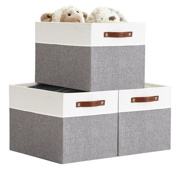 DECOMOMO Cubby Aufbewahrungskörbe | 33 x 38,1 x 33 cm Stoff-Aufbewahrungswürfel für Kallax Regale, Stoff, Kinderzimmer, dekorativ mit Griffen (Grau und Weiß, 33 x 38,1 x 33 cm, 3P)