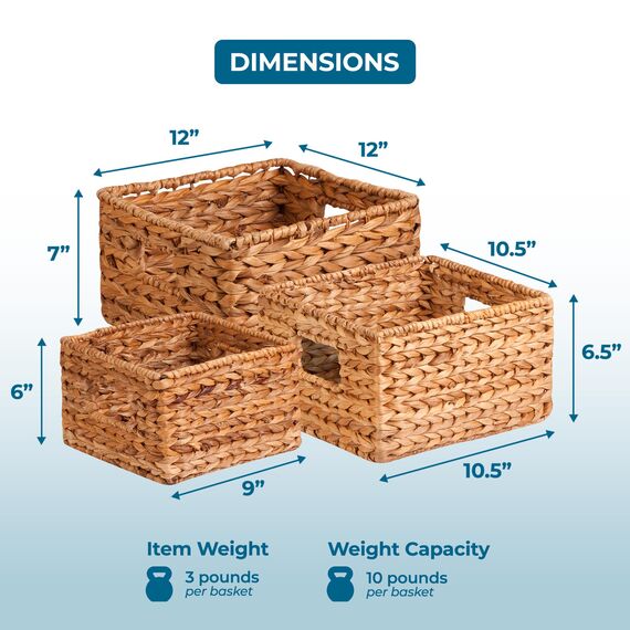 Honey-Can-Do DREI gewebte Aufbewahrungskörbe aus Wasserhyazinthe mit Griffen, Bananenblatt, Stahl, Natur, 3-Pack, 3 (Packung mit 3)