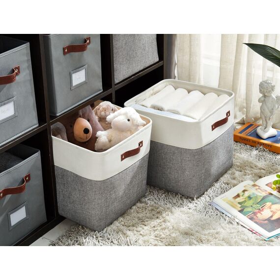 DECOMOMO Faltbarer Aufbewahrungskorb | stabiler kationischer Stoff-Aufbewahrungskorb mit Griffen für die Organisation von Regal, Kinderzimmer, Zuhause, Schrank (grau und weiß, Würfel – 12 x 12–4 Stück