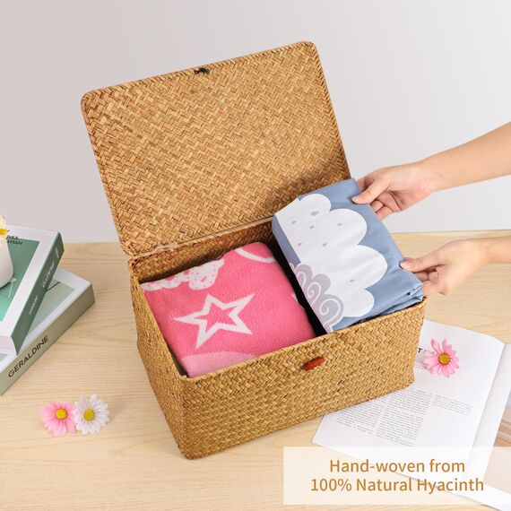 FEILANDUO 3 Stück Aufbewahrungsbox mit Deckel Algen gewebter kosmetischer Aufbewahrungskorb Desktop Wohnzimmer Organisationskorb ((Groß) G/M/K, Natur)
