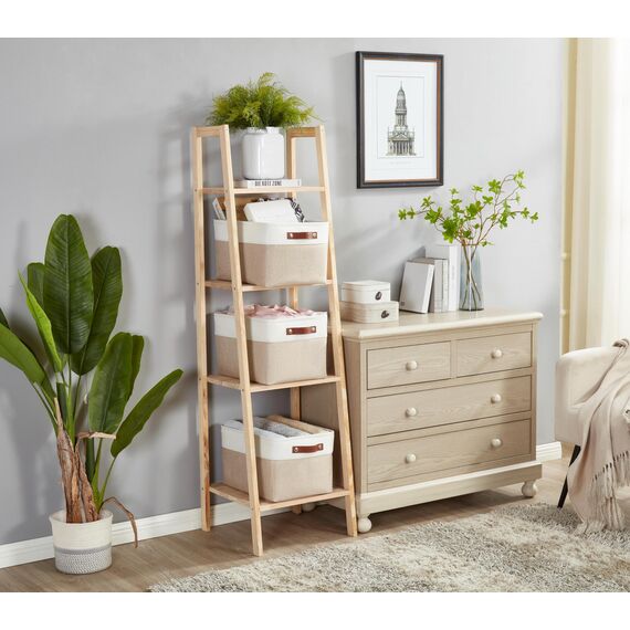 DECOMOMO Faltbarer Aufbewahrungskorb | Faltbarer stabiler Stoffkorb mit Griffen für die Organisation von Regal, Kinderzimmer, Spielzeugschrank (beige und weiß, extra groß – 15,8 x 12,5 x 10–3 Stück)