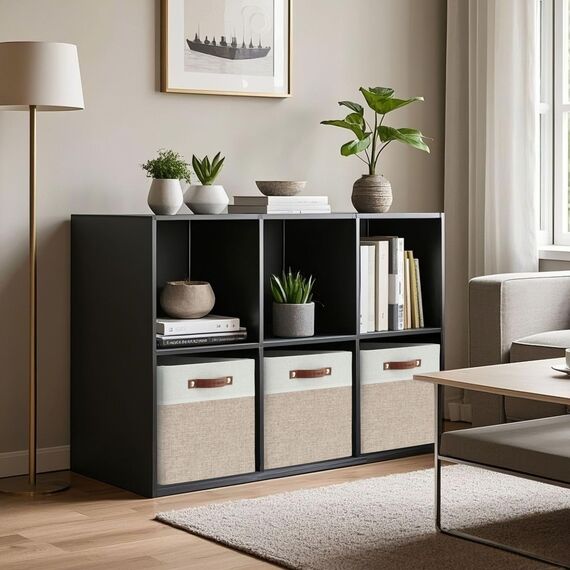 DECOMOMO Cubby Aufbewahrungskörbe | 33 x 38,1 x 33 cm Stoff-Aufbewahrungswürfel für Kallax-Regale, Stoff, Kinderzimmer, dekorativ mit Griffen (beige und weiß, 33 x 38,1 x 33 cm, 3P)