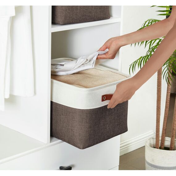 DECOMOMO faltbare Aufbewahrungskorb | robuster Stoffkorb mit Griffen für die Organisation von Regal, Kinderzimmer, Spielzeug, Schrank (Braun und Weiß, groß–3 Stück)