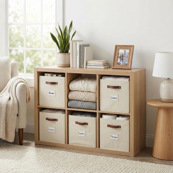 DECOMOMO Aufbewahrungskörbe, würfelförmiger Aufbewahrungsbehälter mit Etiketten, Stoff-Aufbewahrungswürfel für Regale (26,7 x 27,9 cm/6 Stück, Beige)