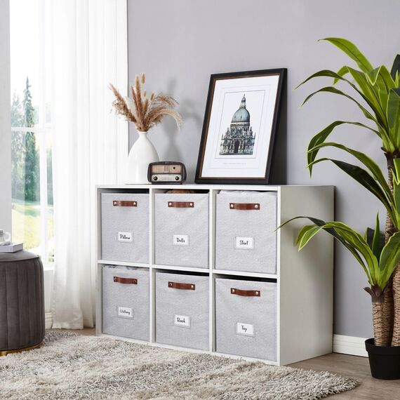 DECOMOMO Aufbewahrungswürfel | Stoff-Aufbewahrungswürfel mit Etikettenhaltern, 33 x 33 x 33 cm, 6 Stück, hellgrau strukturiert, Karton, perfekt für Regale, Schrank, Spielzeug, Kleidung