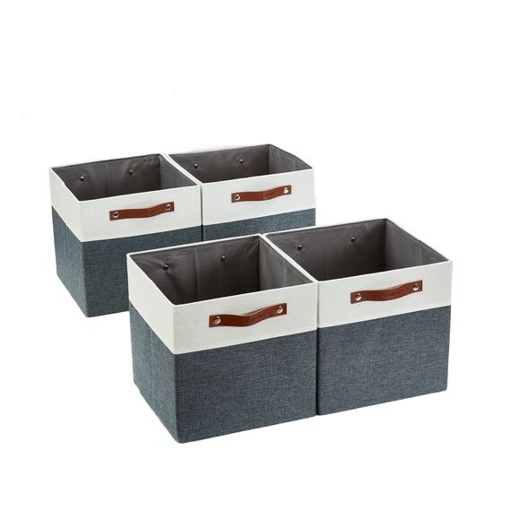 DECOMOMO faltbare Aufbewahrungskorb | robuster Stoffkorb mit Griffen für die Organisation von Regal, Kinderzimmer, Spielzeug, Schrank (Slate gray and white, 28cm – 4 Stück)