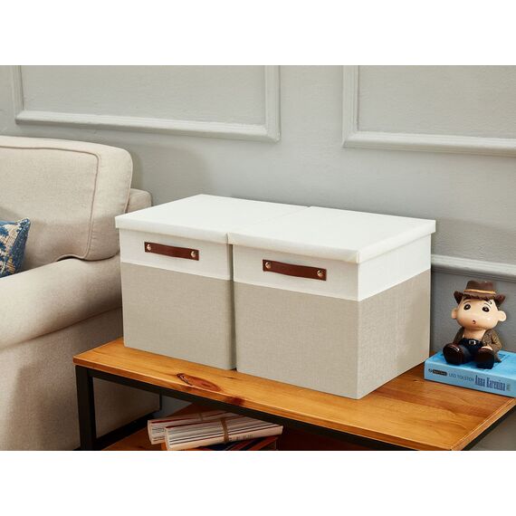 DECOMOMO Cube storage baskets | Cloth Storage Cubes with Lids Closet Organizer Cubby Boxes for Shelves Fabric Nursery Decorative Basket with Handles (Beige and White, 11" x 11" x 11")