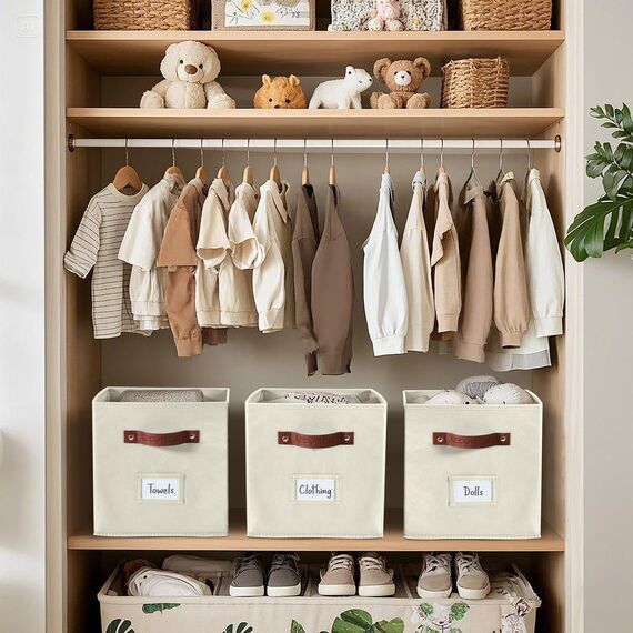 DECOMOMO Aufbewahrungskörbe, würfelförmiger Aufbewahrungsbehälter mit Etiketten, Stoff-Aufbewahrungswürfel für Regale (26,7 x 27,9 cm/6 Stück, Beige)