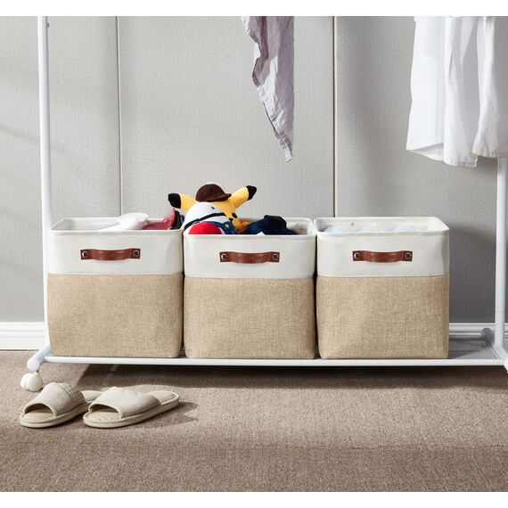 DECOMOMO faltbare Aufbewahrungskorb | robuster Stoffkorb mit Griffen für die Organisation von Regal, Kinderzimmer, Spielzeug, Schrank (Beige und Weiß, Würfel 28cm - 4er Pack)