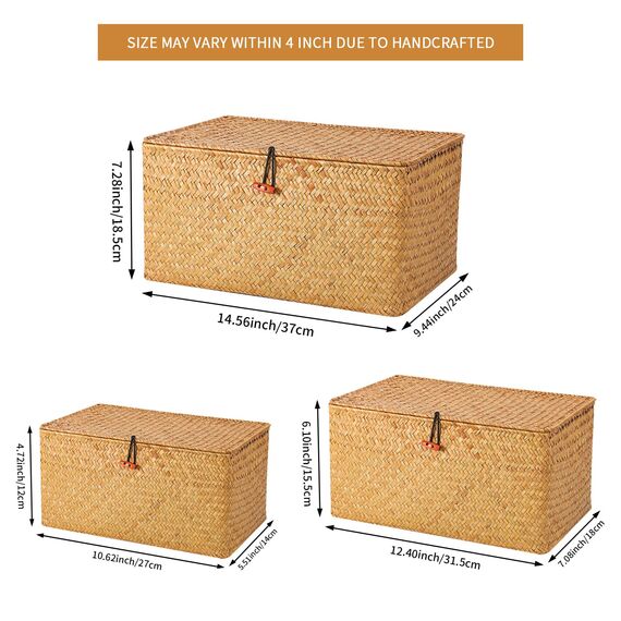 FEILANDUO 3 Stück Aufbewahrungsbox mit Deckel Algen gewebter kosmetischer Aufbewahrungskorb Desktop Wohnzimmer Organisationskorb ((Groß) G/M/K, Natur)