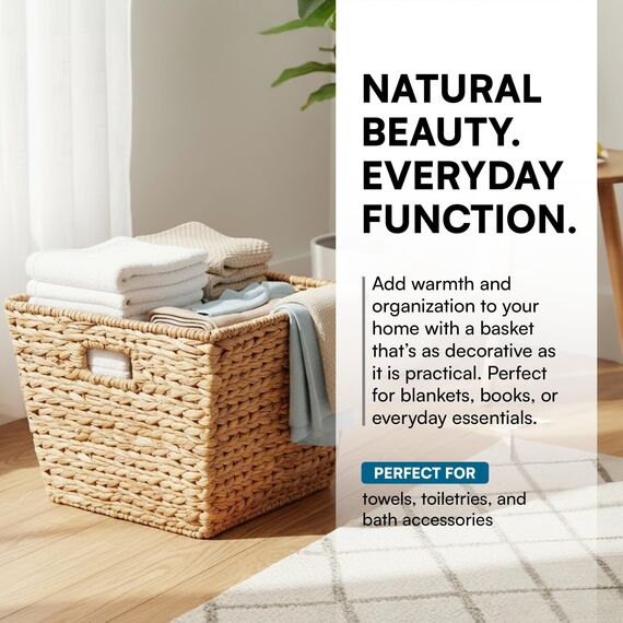 Honey-Can-Do STO-02884 Tall Square Water Hyacinth Basket Bin, Large, 15 L x 15 W x 12 H