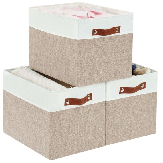 DECOMOMO Cubby Aufbewahrungskörbe | 33 x 38,1 x 33 cm Stoff-Aufbewahrungswürfel für Kallax-Regale, Stoff, Kinderzimmer, dekorativ mit Griffen (beige und weiß, 33 x 38,1 x 33 cm, 3P)