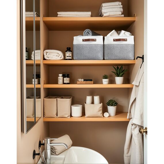 DECOMOMO faltbare Aufbewahrungskorb | robuster Stoffkorb mit Griffen für die Organisation von Regal, Kinderzimmer, Spielzeug, Schrank (Grau und Weiß, groß–3 Stück)