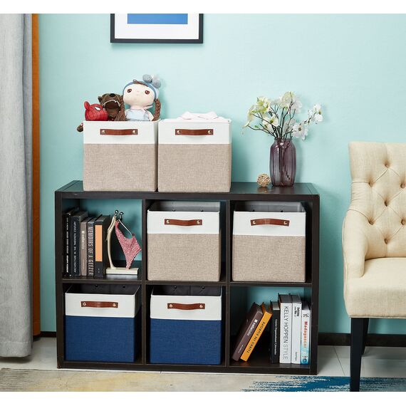 DECOMOMO Cubby Aufbewahrungskörbe | 33 x 38,1 x 33 cm Stoff-Aufbewahrungswürfel für Kallax-Regale, Stoff, Kinderzimmer, dekorativ mit Griffen (beige und weiß, 33 x 38,1 x 33 cm, 3P)
