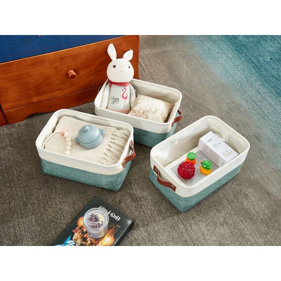 DECOMOMO Kleine Körbe, Aufbewahrungskörbe für die Organisation von Regalen, Wäscheschrank, Badezimmer, Babysachen, Kinderzimmer, Stoff, dekorative leere Körbe für Geschenke, Blaugrün und Weiß, Klein,