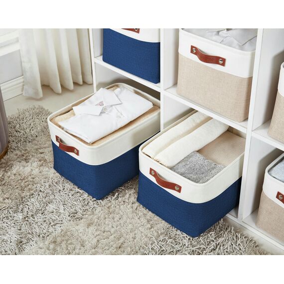 DECOMOMO faltbare Aufbewahrungskorb | robuster Stoffkorb mit Griffen für die Organisation von Regal, Kinderzimmer, Spielzeug, Schrank (Marineblau und Weiß, Extra groß–3 Stück)