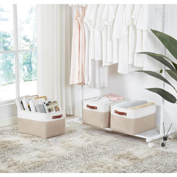 DECOMOMO Faltbarer Aufbewahrungskorb | Faltbarer stabiler Stoffkorb mit Griffen für die Organisation von Regal, Kinderzimmer, Spielzeugschrank (beige und weiß, extra groß – 15,8 x 12,5 x 10–3 Stück)