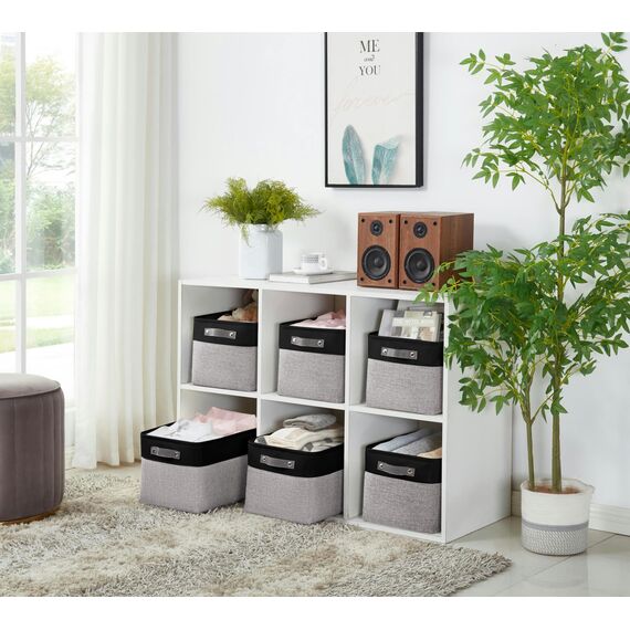 DECOMOMO Faltbarer Aufbewahrungskorb | Faltbarer stabiler Stoffkorb mit Griffen für die Organisation von Regal, Kinderzimmer, Spielzeugschrank (grau und schwarz, extra groß – 15,8 x 12,5 x 10–3 Stück)