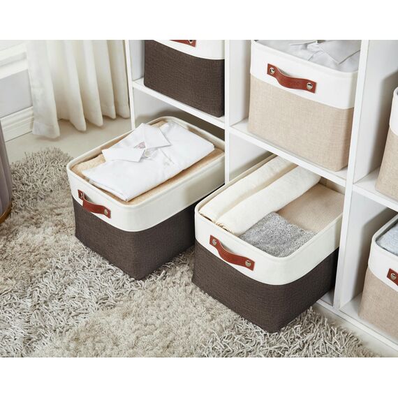DECOMOMO faltbare Aufbewahrungskorb | robuster Stoffkorb mit Griffen für die Organisation von Regal, Kinderzimmer, Spielzeug, Schrank (Braun und Weiß, groß–3 Stück)