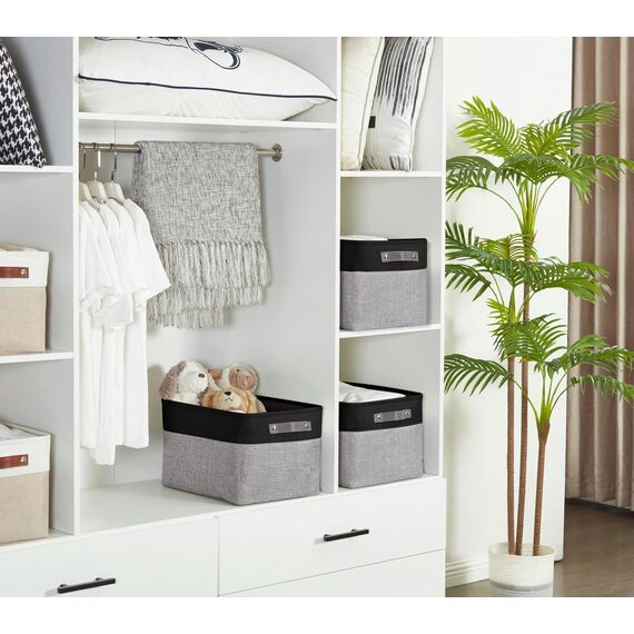 DECOMOMO Faltbarer Aufbewahrungskorb | Faltbarer stabiler Stoffkorb mit Griffen für die Organisation von Regal, Kinderzimmer, Spielzeugschrank (grau und schwarz, extra groß – 15,8 x 12,5 x 10–3 Stück)