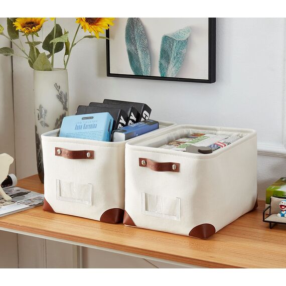 DECOMOMO Faltbarer Aufbewahrungskorb mit Etikettenhalter, stabiler kationischer Stoff-Aufbewahrungskorb Griffen für die Organisation von Regal, Kinderzimmer, Zuhause, Schrank, (cremeweiß, groß – 15