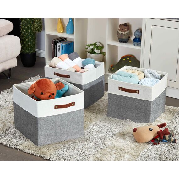 DECOMOMO Cubby Aufbewahrungskörbe | 33 x 38,1 x 33 cm Stoff-Aufbewahrungswürfel für Kallax Regale, Stoff, Kinderzimmer, dekorativ mit Griffen (Grau und Weiß, 33 x 38,1 x 33 cm, 3P)