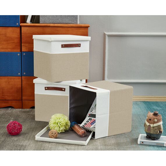 DECOMOMO Cube storage baskets | Cloth Storage Cubes with Lids Closet Organizer Cubby Boxes for Shelves Fabric Nursery Decorative Basket with Handles (Beige and White, 11" x 11" x 11")