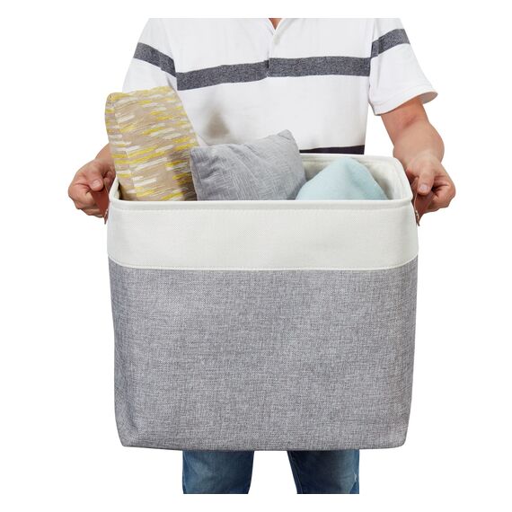 DECOMOMO Faltbarer Aufbewahrungskorb | stabiler kationischer Stoff-Aufbewahrungskorb mit Griffen für die Organisation von Regal, Kinderzimmer, Zuhause, Schrank (grau und weiß, Jumbo) – 3 Stück