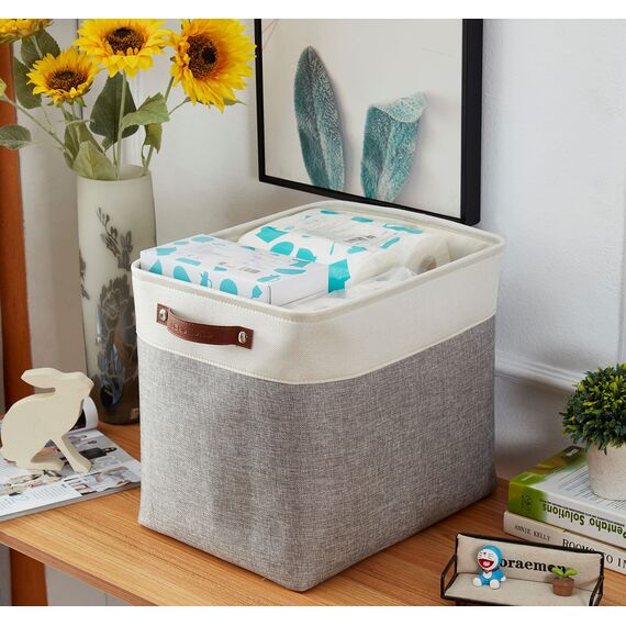 DECOMOMO Faltbarer Aufbewahrungskorb | stabiler kationischer Stoff-Aufbewahrungskorb mit Griffen für die Organisation von Regal, Kinderzimmer, Zuhause, Schrank (grau und weiß, Jumbo) – 3 Stück