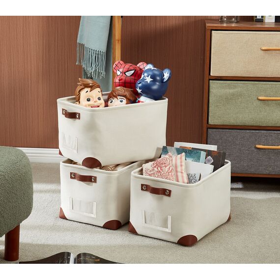 DECOMOMO Faltbarer Aufbewahrungskorb mit Etikettenhalter, stabiler kationischer Stoff-Aufbewahrungskorb Griffen für die Organisation von Regal, Kinderzimmer, Zuhause, Schrank, (cremeweiß, groß – 15