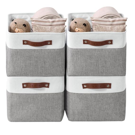 DECOMOMO Faltbarer Aufbewahrungskorb | stabiler Stoffkorb mit Griffen für die Organisation von Regal, Kinderzimmer, Spielzeugschrank (grau und weiß, extra groß, 40,1 x 31,8 25,4 cm – 4 Stück
