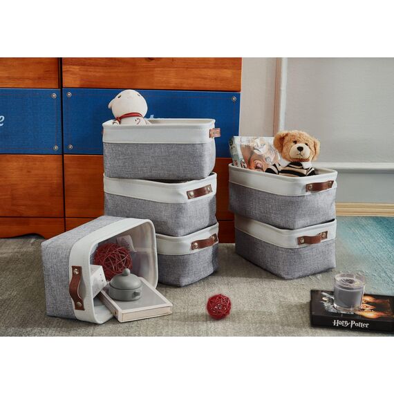DECOMOMO faltbare Aufbewahrungskorb | robuster Stoffkorb mit Griffen für die Organisation von Regal, Kinderzimmer, Spielzeug, Schrank (Grau und Weiß, Klein - 6er Pack)