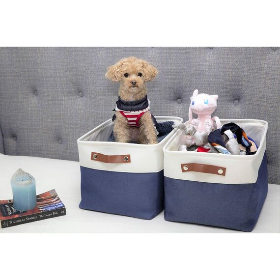 DECOMOMO faltbare Aufbewahrungskorb | robuster Stoffkorb mit Griffen für die Organisation von Regal, Kinderzimmer, Spielzeug, Schrank (Marineblau und Weiß, Extra groß–3 Stück)