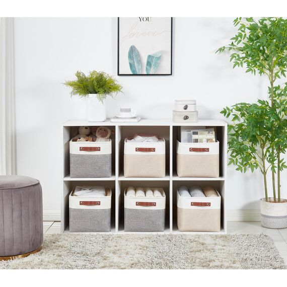 DECOMOMO Faltbarer Aufbewahrungskorb | Faltbarer stabiler Stoffkorb mit Griffen für die Organisation von Regal, Kinderzimmer, Spielzeugschrank (beige und weiß, groß – 3 Stück)