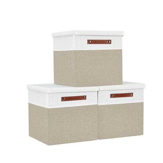 DECOMOMO Cube storage baskets | Cloth Storage Cubes with Lids Closet Organizer Cubby Boxes for Shelves Fabric Nursery Decorative Basket with Handles (Beige and White, 11" x 11" x 11")