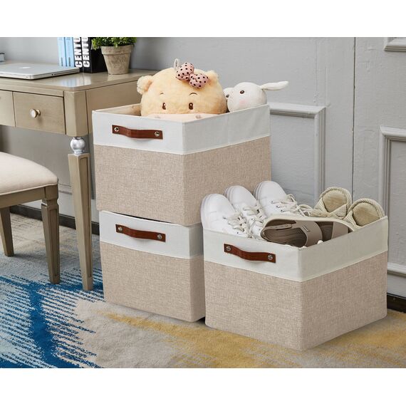 DECOMOMO Cubby Aufbewahrungskörbe | 33 x 38,1 x 33 cm Stoff-Aufbewahrungswürfel für Kallax-Regale, Stoff, Kinderzimmer, dekorativ mit Griffen (beige und weiß, 33 x 38,1 x 33 cm, 3P)