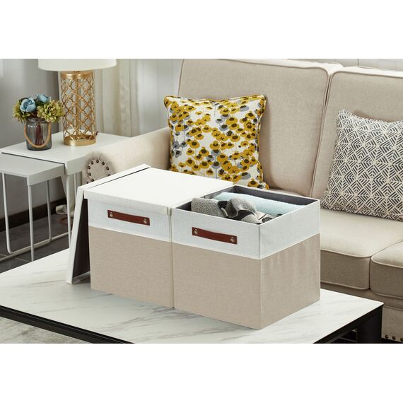 DECOMOMO Aufbewahrungskorb mit Deckel, Aufbewahrungswürfel mit Griffen, Stoffbox mit Deckel (Beige und Weiß, 33.0 cm/3 Pack)