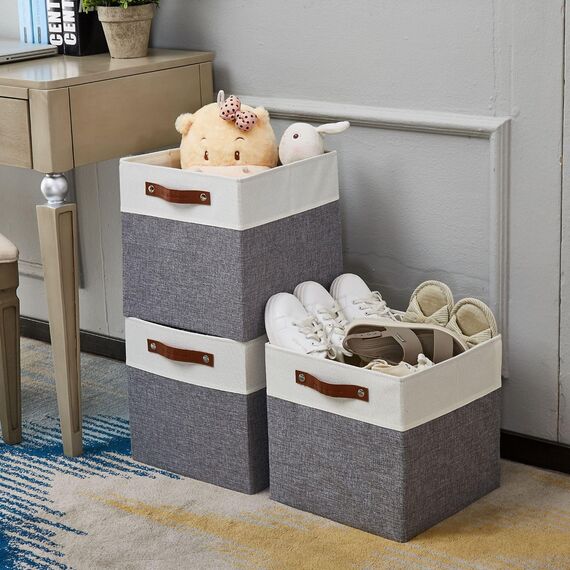 DECOMOMO faltbare Aufbewahrungskorb | robuster Stoffkorb mit Griffen für die Organisation von Regal, Kinderzimmer, Spielzeug, Schrank (Gray and white, 30.5cm – 4 Stück)