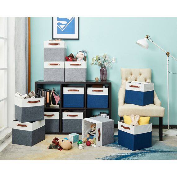 DECOMOMO faltbare Aufbewahrungskorb | robuster Stoffkorb mit Griffen für die Organisation von Regal, Kinderzimmer, Spielzeug, Schrank (Gray and white, 33cm – 4 Stück)
